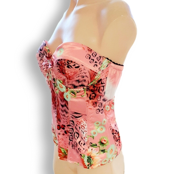 Pink corset top AU 12 green floral + black animal print Bow with diamonte buckle - Picture 5 of 6